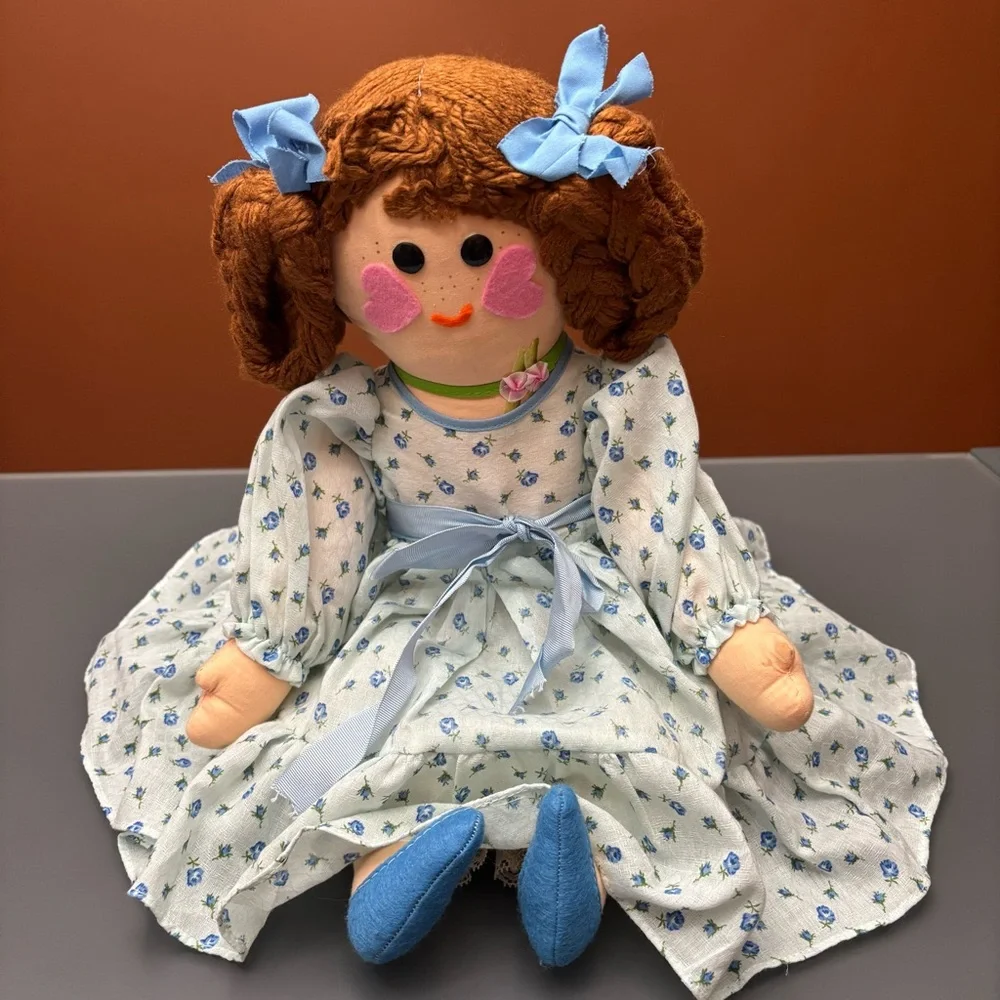 Vintage Handmade Cloth Doll Rag Doll Folk Art Blue Dress Slip Bloomers Yarn Hair